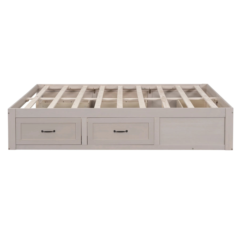 Antique White Wood Queen Size Platform Bed with 6 Drawers W345779