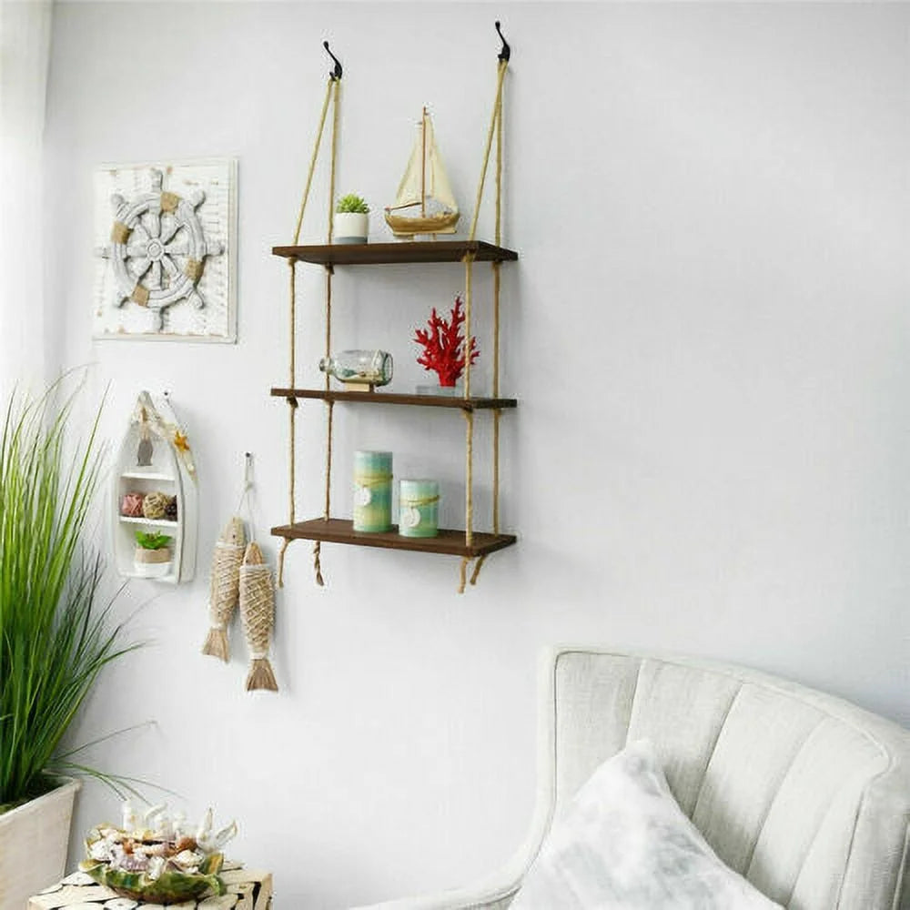 Rustic Wooden 3 Tiers Wall Hanging Rope Shelf L645799