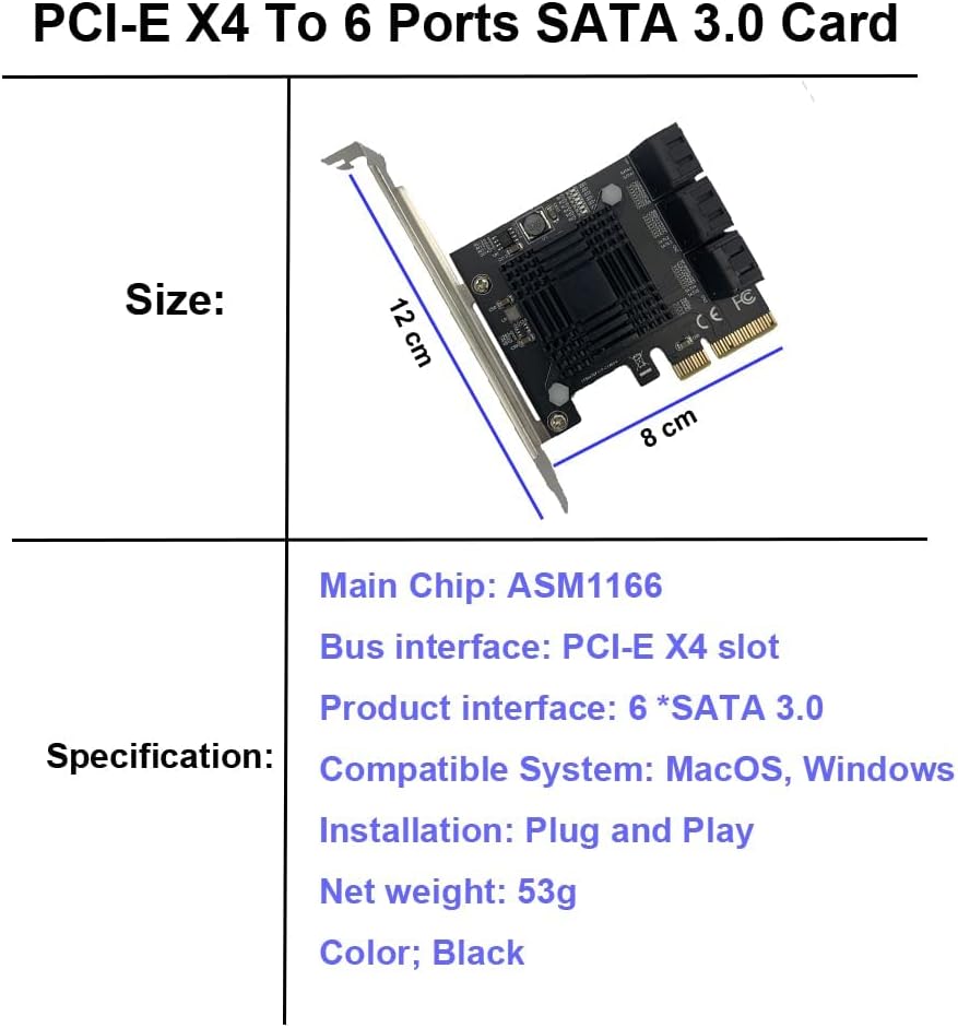 6 Ports PCIe x4 to SATA 3.0 6Gbps Expansion Controller Adapter Card with 6 SATA Cables and Low Profile Bracket, Pack of 2 J5903