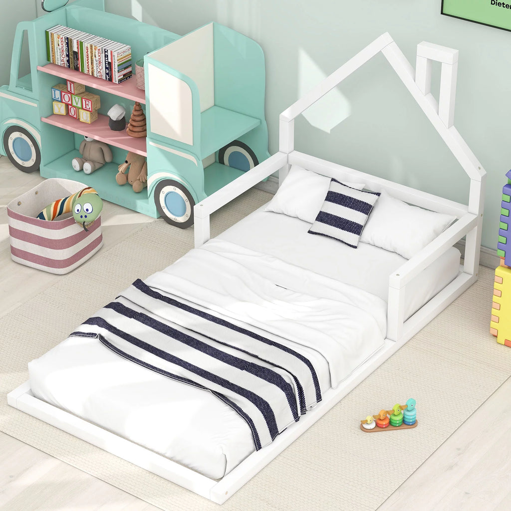 White Twin Size Wood Floor Bed with House-shaped Headboard G181