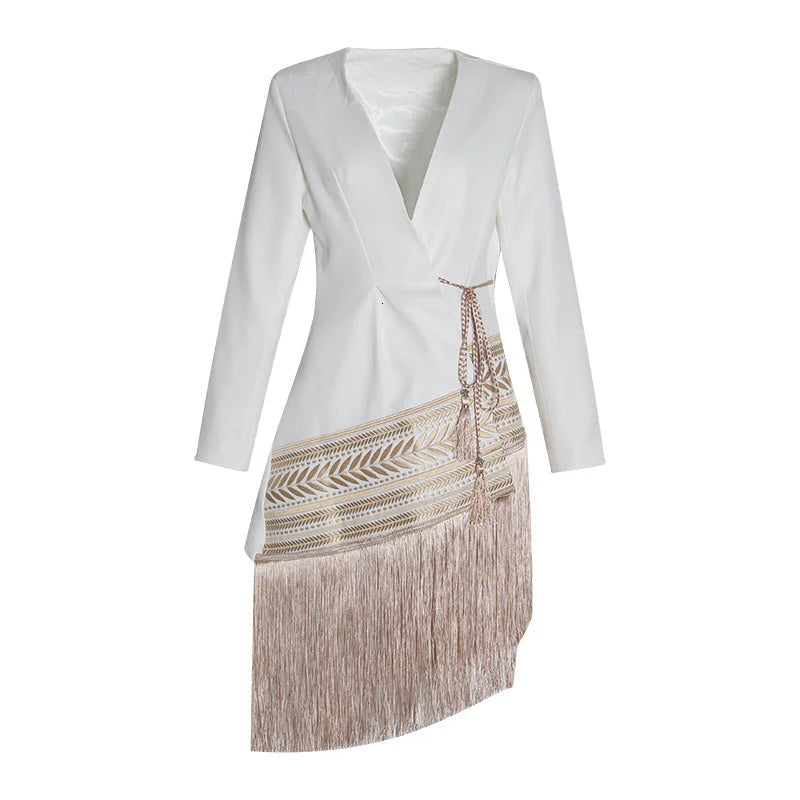 Aztec Embroidery Fringe Asymmetric Longline Blazer Dress A160