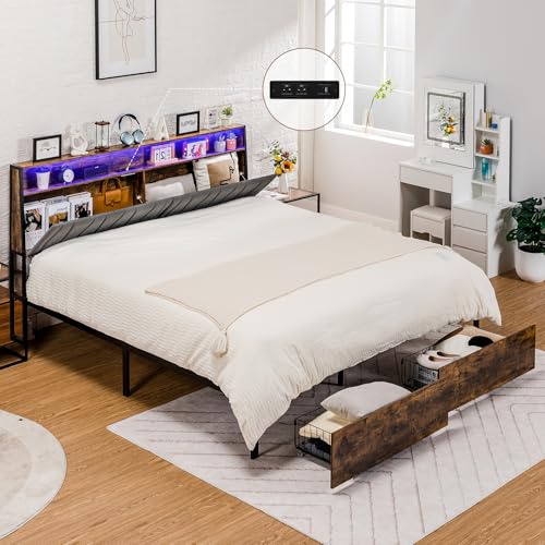 Queen Platform Bed Frame with LED Lights and Charging Station L448661