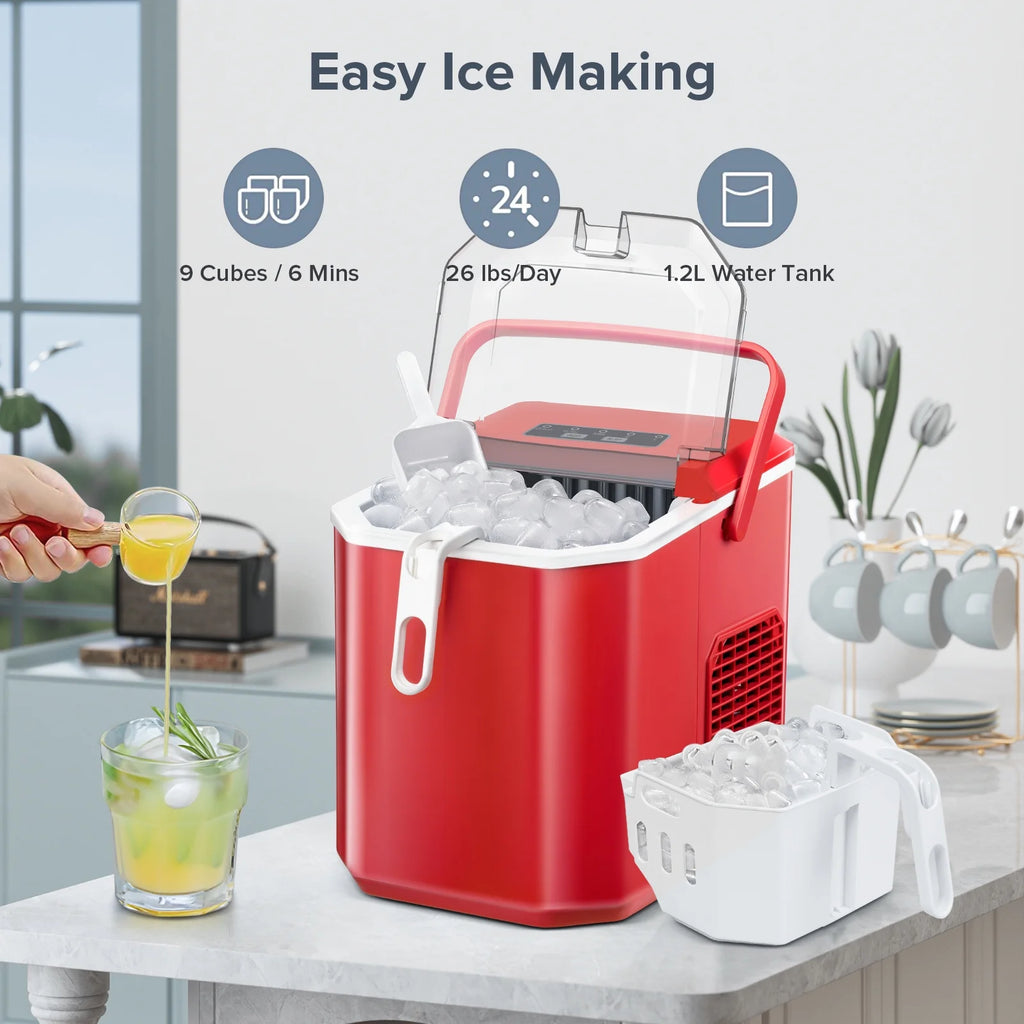 Countertop Portable Ice Maker Machine with Ice Scoop and Handle, Red W1197
