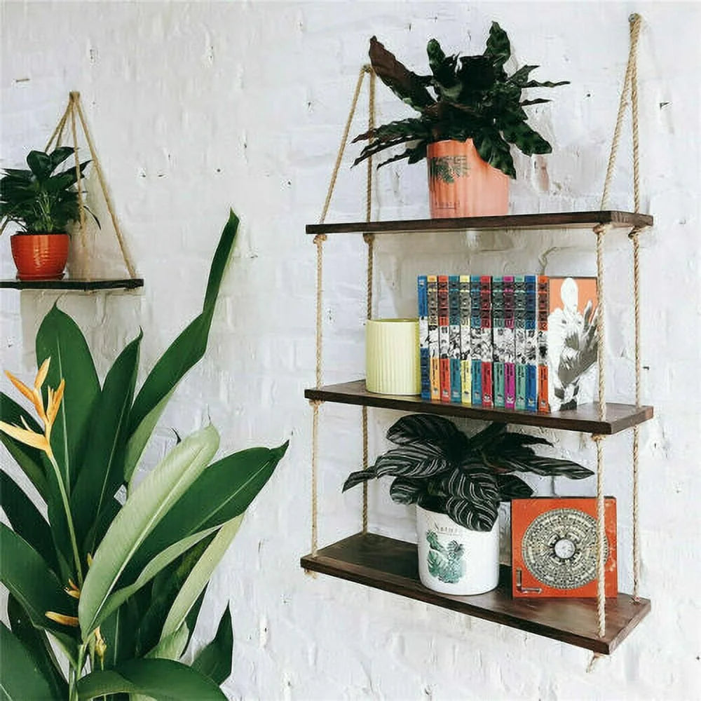 Rustic Wooden 3 Tiers Wall Hanging Rope Shelf L645799