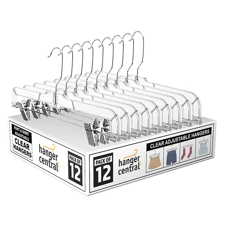 12 Pack 14" Clear Skirt Hangers with Adjustable Clips C171