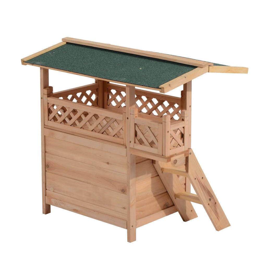2-Story Wooden Cat House Shelter With Balcony Roof E8880