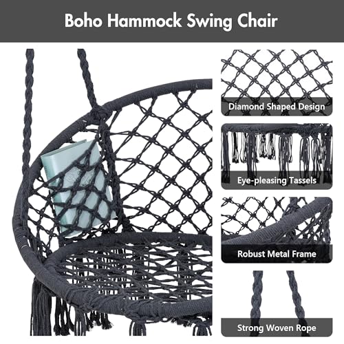 Macrame Hammock Chair with Stand, Heavy Duty Hanging Chair Stand, Includes Seat Cushion, Max 400 Lbs, Natural Y588754