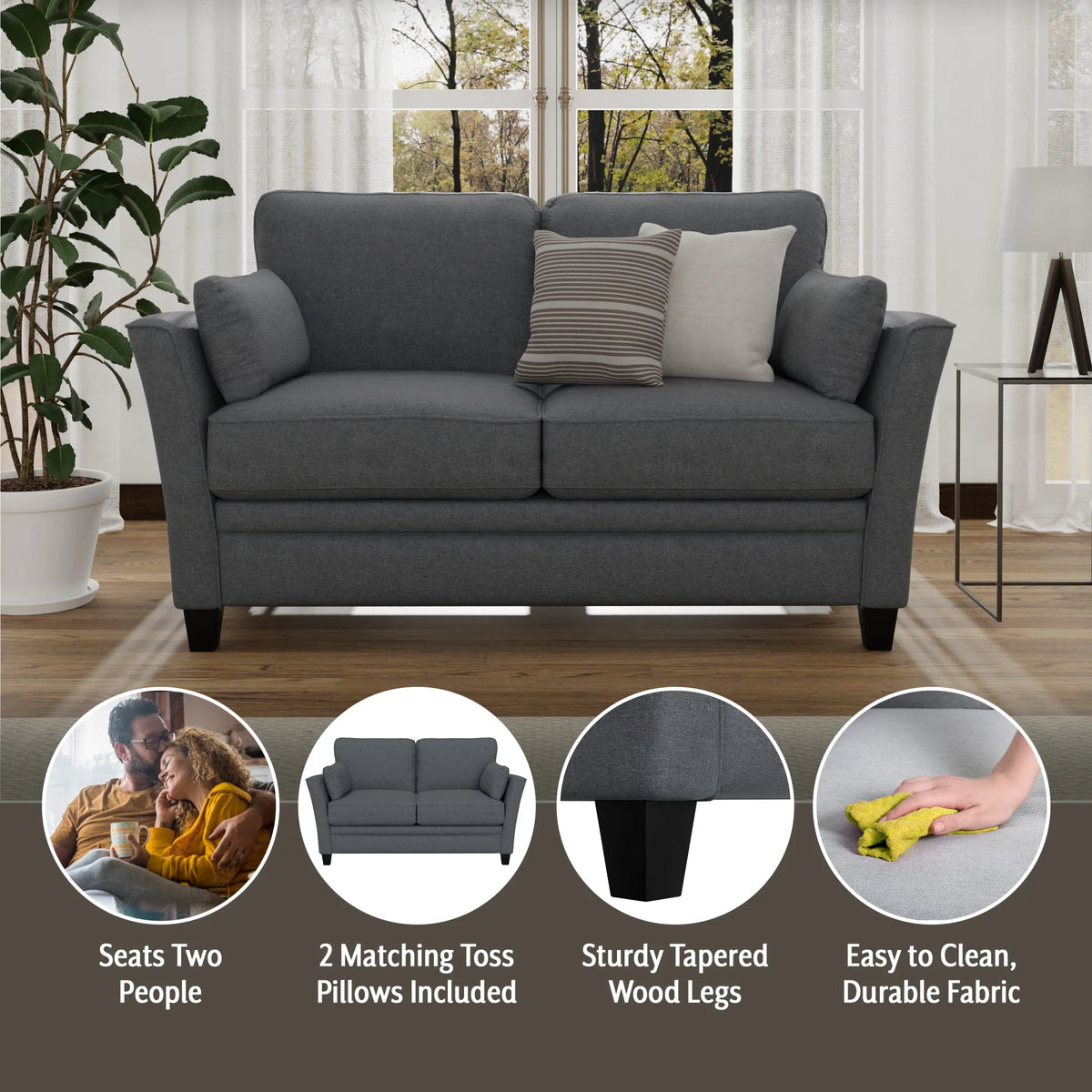 Gray Upholstered Loveseat with 2 Pillows N9305