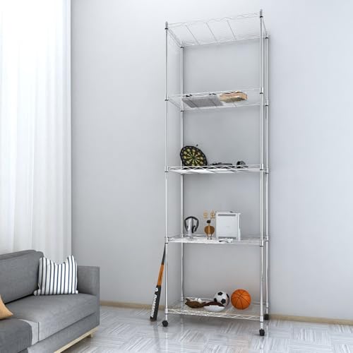 5 Tier Black Adjustable Metal Shelving Unit on Wheels B152385