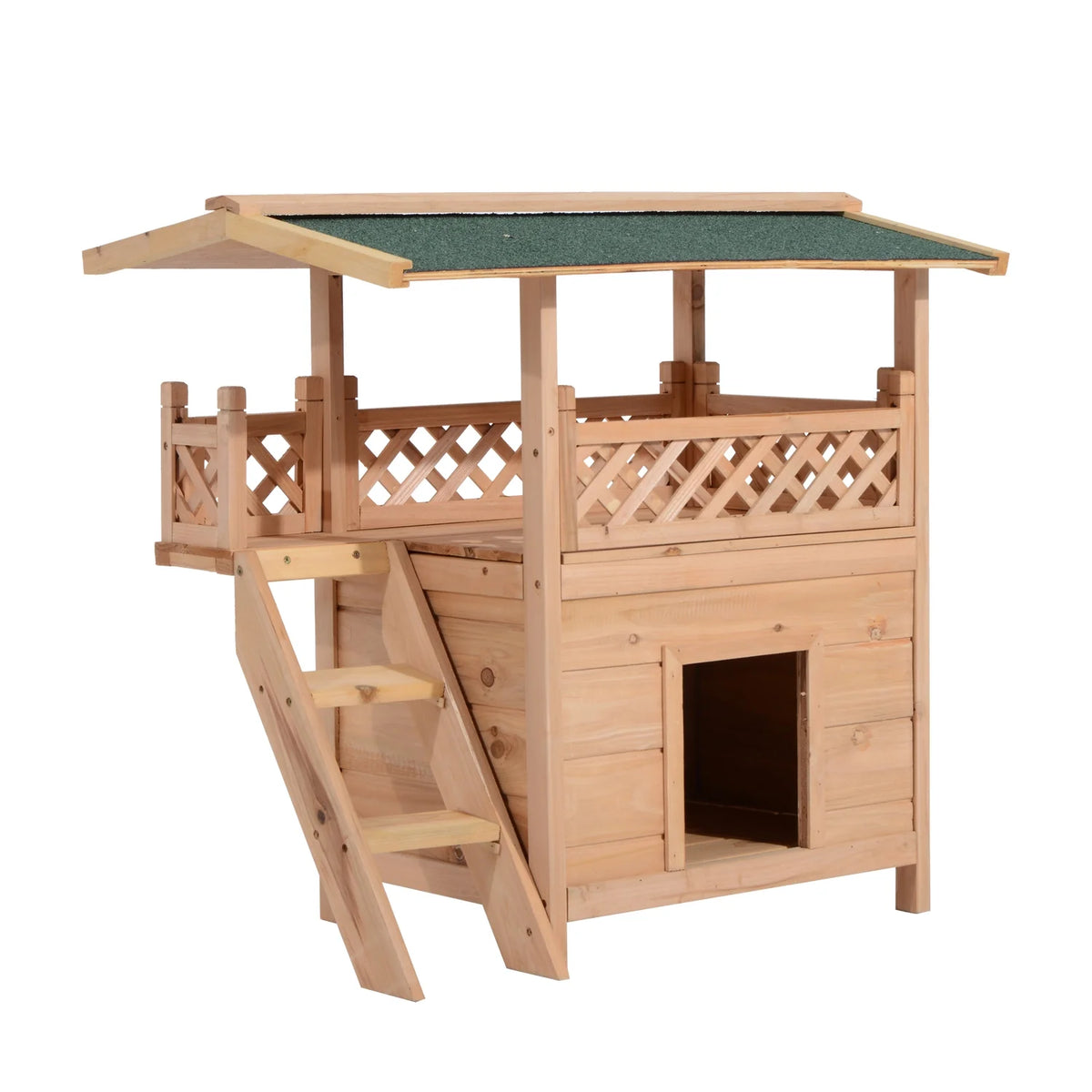 2-Story Wooden Cat House Shelter With Balcony Roof E8880
