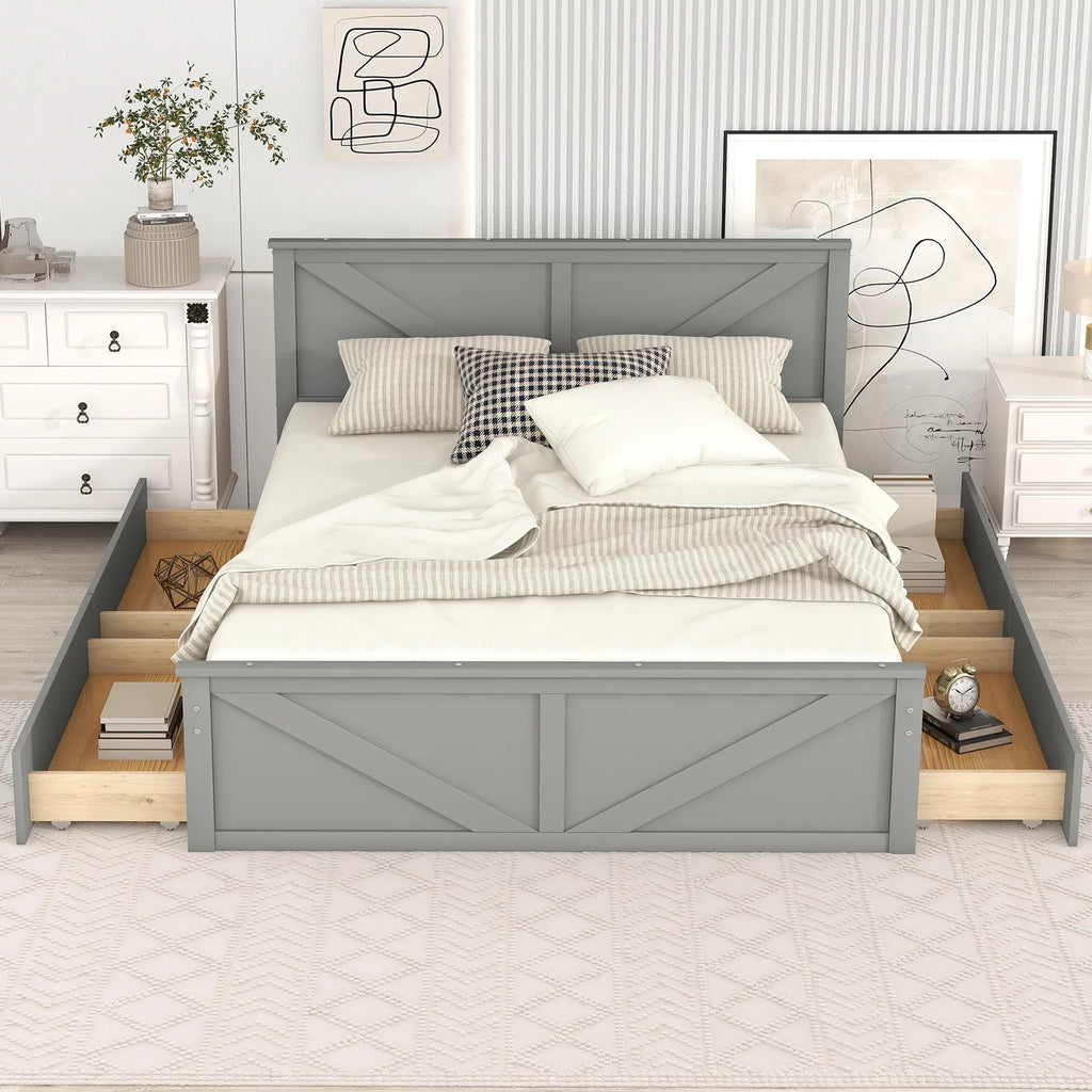 Wood Queen Bed Frame with 4 Storage Drawers V7890