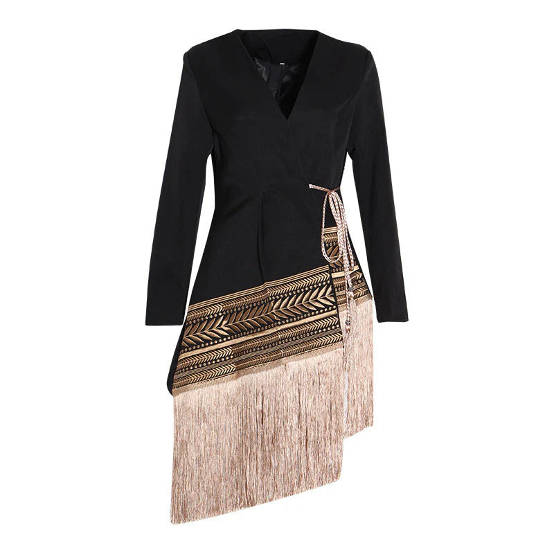 Aztec Embroidery Fringe Asymmetric Longline Blazer Dress A160