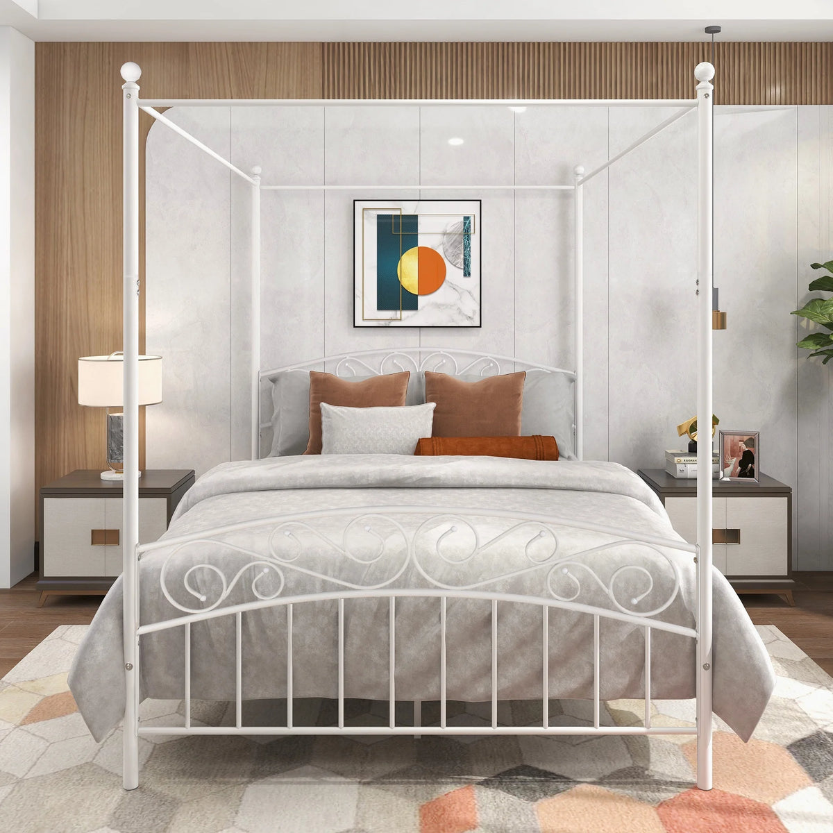 Queen Size Black Metal Canopy Bed Frame with Headboard C8429