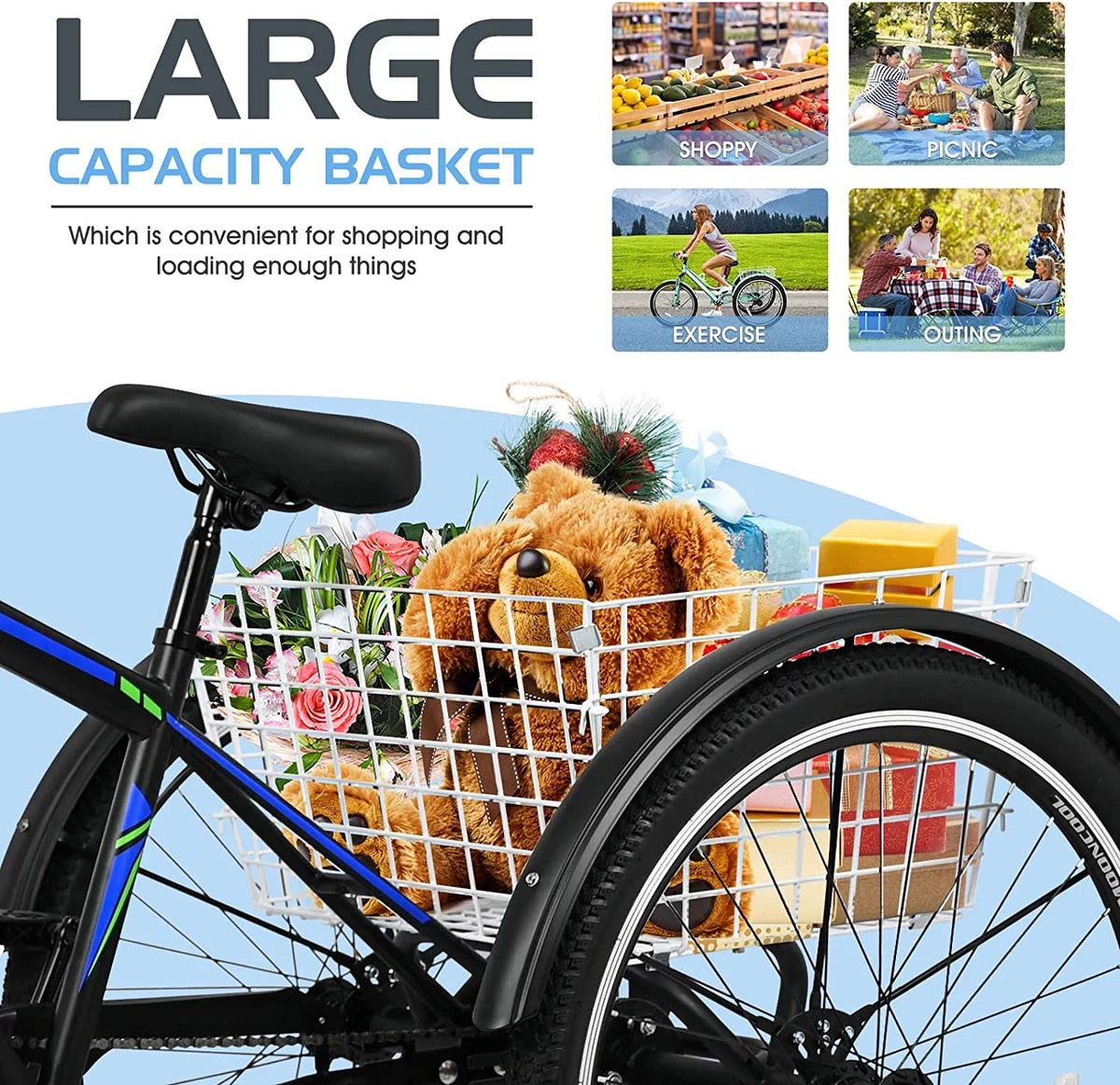 24/26/27.5 Inch 7 Speed Adult Mountain Tricycle with Large Basket X219