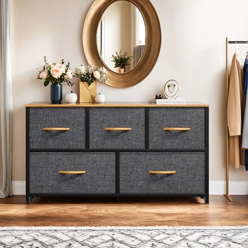 5 Drawer Fabric Storage Dresser with Wooden Top B50342