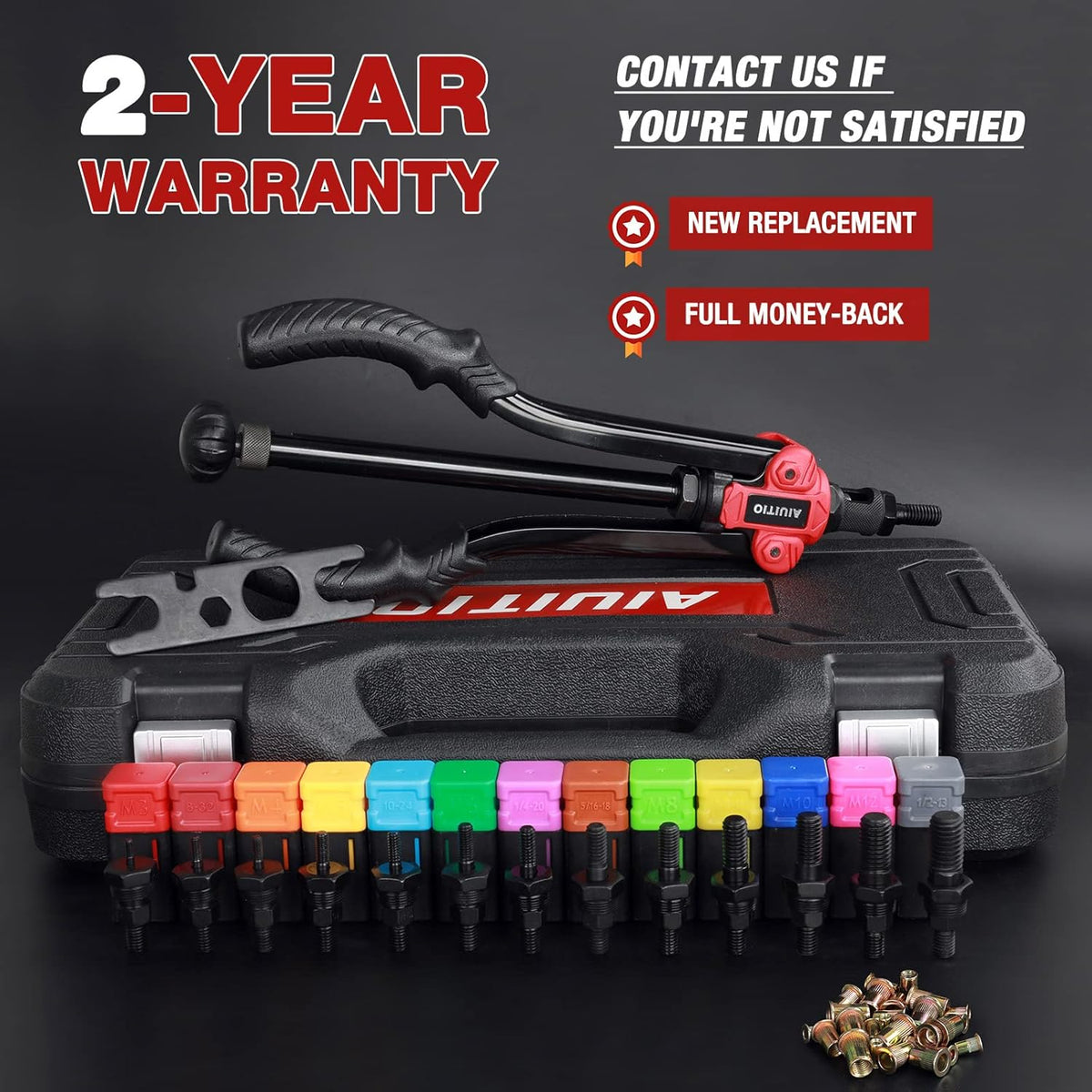 14'' Rivet Nut Tool Set Kit with 13PCS Metric & Inch Mandrels, 130PCS Rivet Nuts, Plastic Case F782