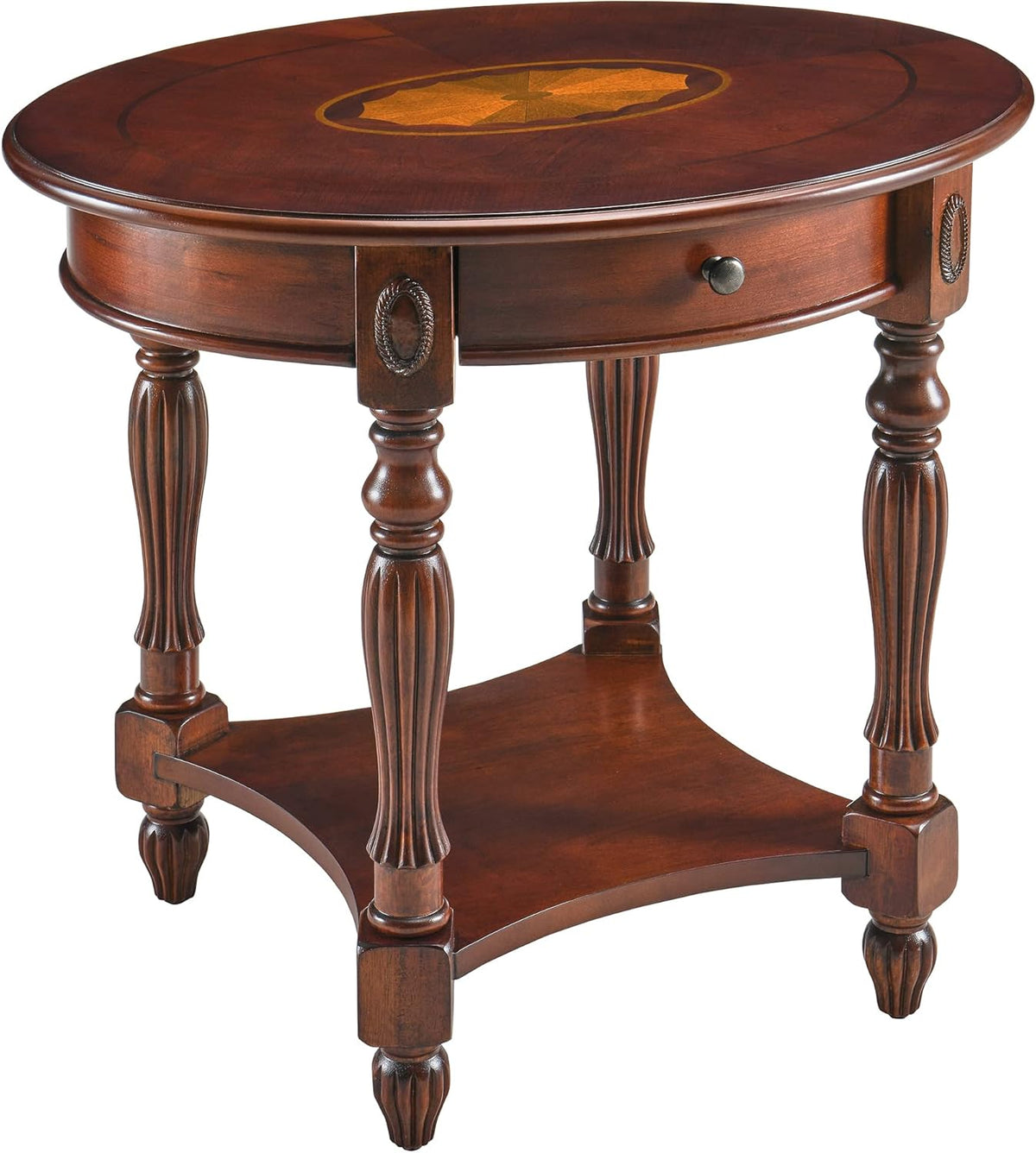 Solid Wood Oval End Table with Tempered Glass and Storage Shelf Walnut P407