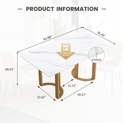 63" White Marble Dining Table with Gold Trestle Pedestal W6016
