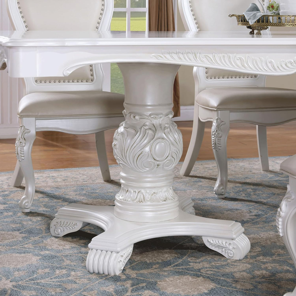 Solid Wood 7-Piece Dining Set with Expandable Table and 6 Leather Padded Side Chairs, White O461053