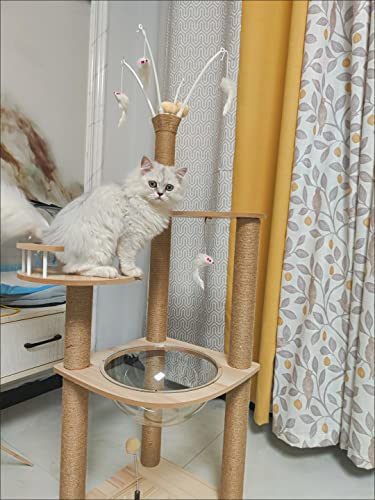 Wooden Large Cat Tree Floor to Ceiling Cat Tower Height Adjustable with Natural Sisal Rope Scratching Post Cozy Bed J840774