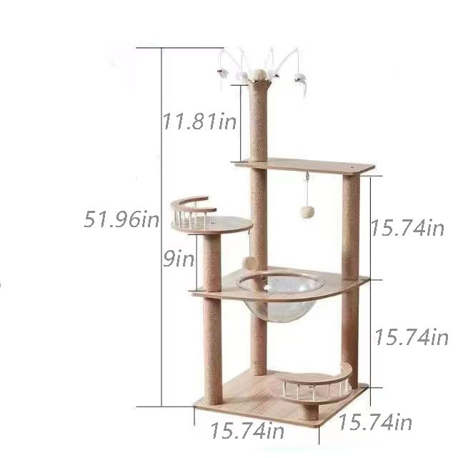 Wooden Large Cat Tree Floor to Ceiling Cat Tower Height Adjustable with Natural Sisal Rope Scratching Post Cozy Bed J840774