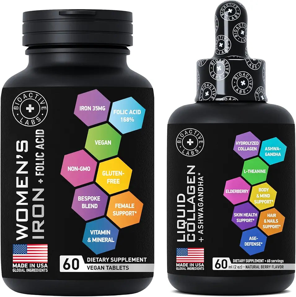Liquid Collagen with Ashwagandha and Vegan Iron Supplements with Folic Acid Y530