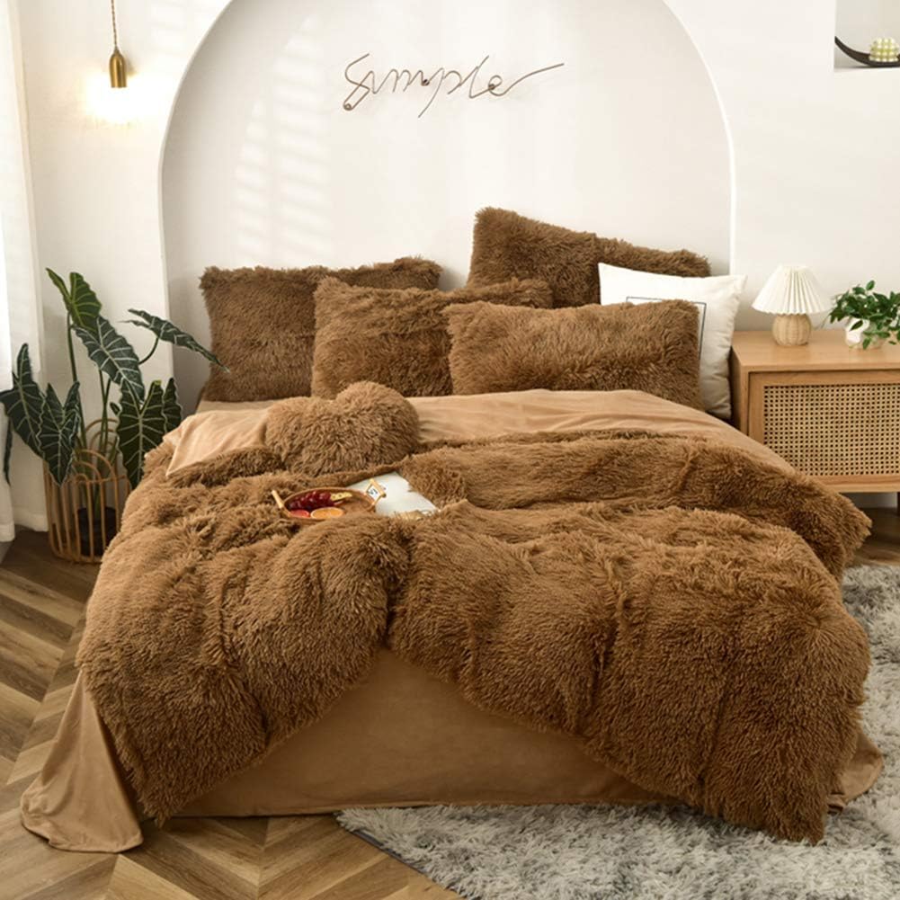 5 PCS Shaggy Duvet Cover Bedding Set King/California King Mango Yellow B4699