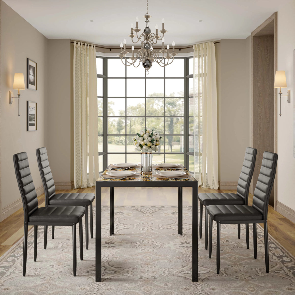 5-Piece Rectangular Kitchen Dining Table Set for 4 Black J72328