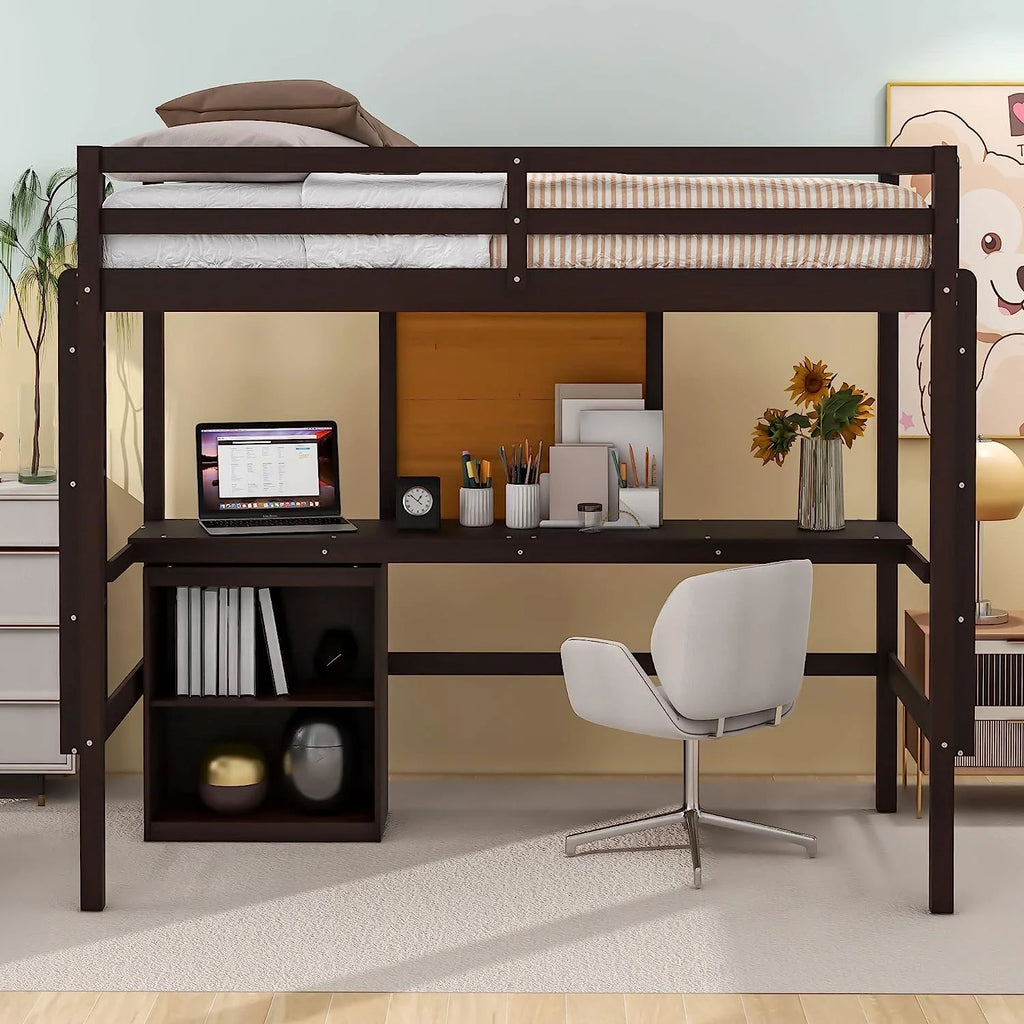 Twin Size Loft Bed with Desk 2 Drawers Cabinet and Writing Board U224
