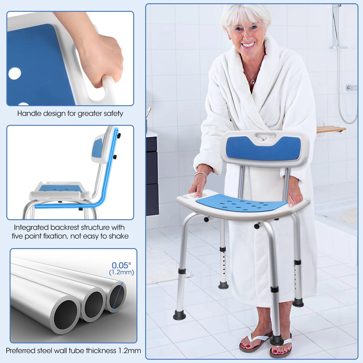 Bath and Shower Chair with Back and Padded Armrests, Height Adjustable L23416