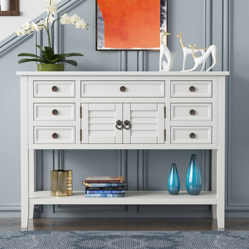 Light Blue Pine Console Table with 7 Drawers, 1 Cabinet, 1 Shelf N32833