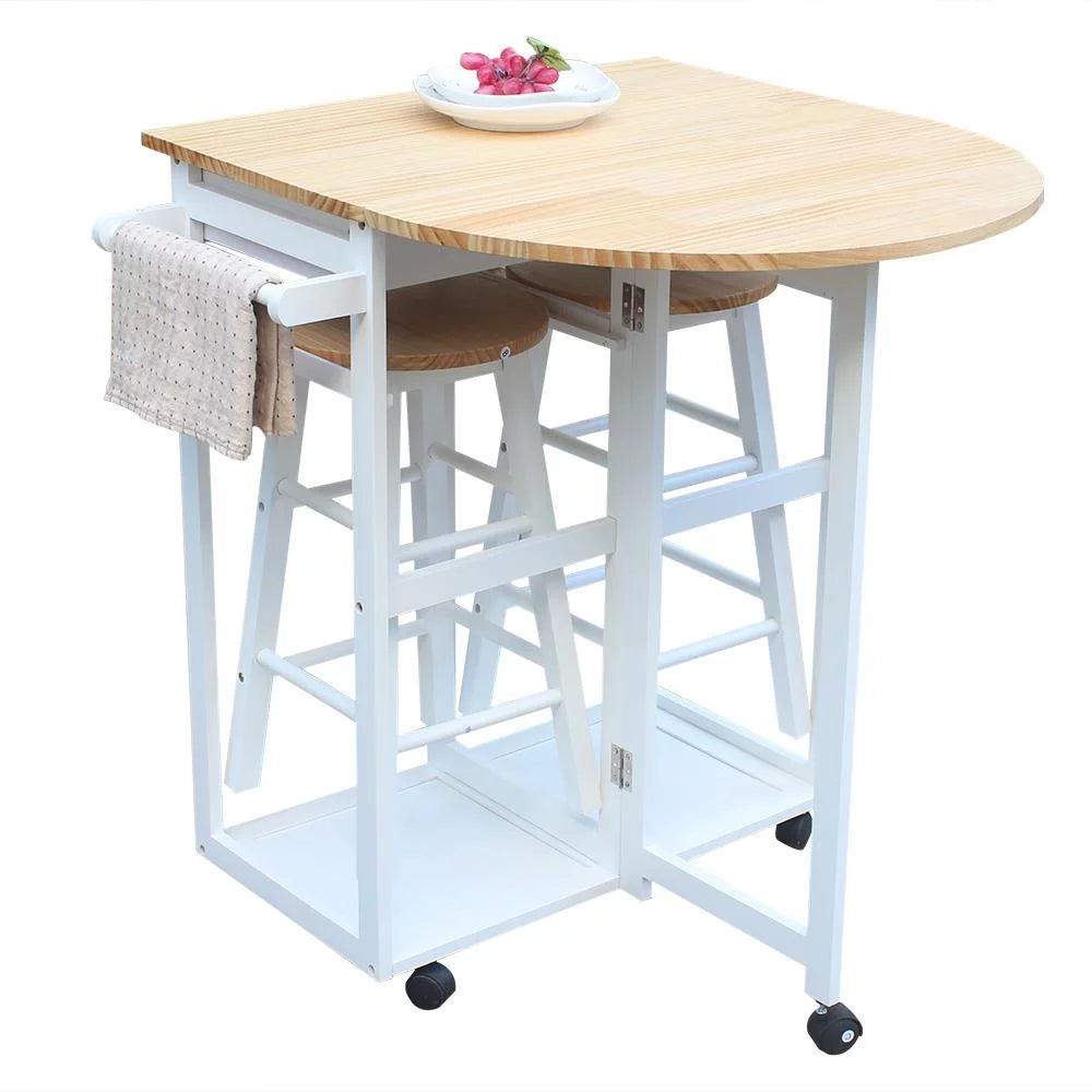 Folding Kitchen Cart Island Trolley with 2 Stools M59064