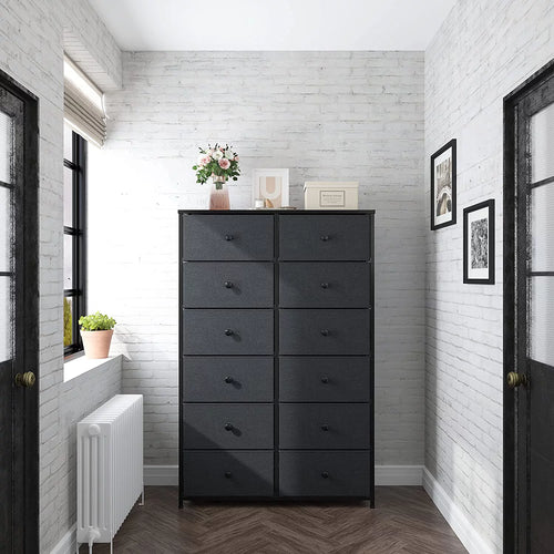 12 Drawer Fabric Dresser with Wood Top and Metal Frame T990
