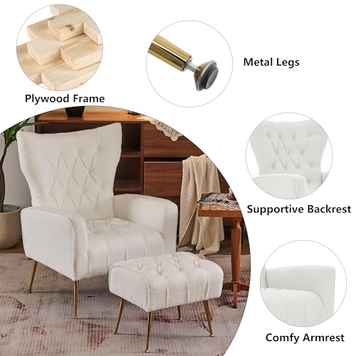 White Upholstered Boucle High Wingback Armchair with Gold Metal Legs F44254