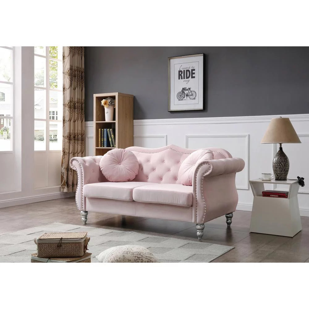 Pink Velvet Chesterfield Loveseat with 2-Throw Pillow O799