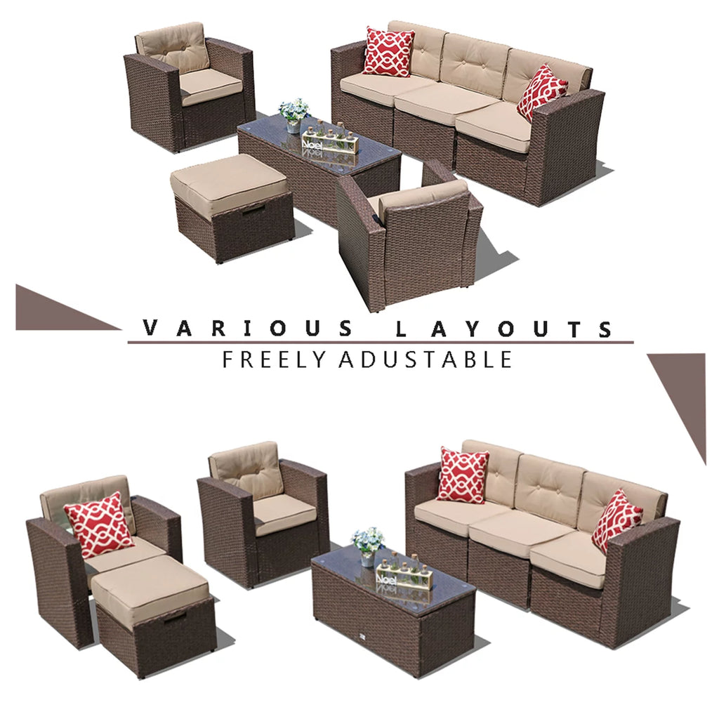 7 Pieces Rattan Patio Furniture Set with Beige Cushions B220