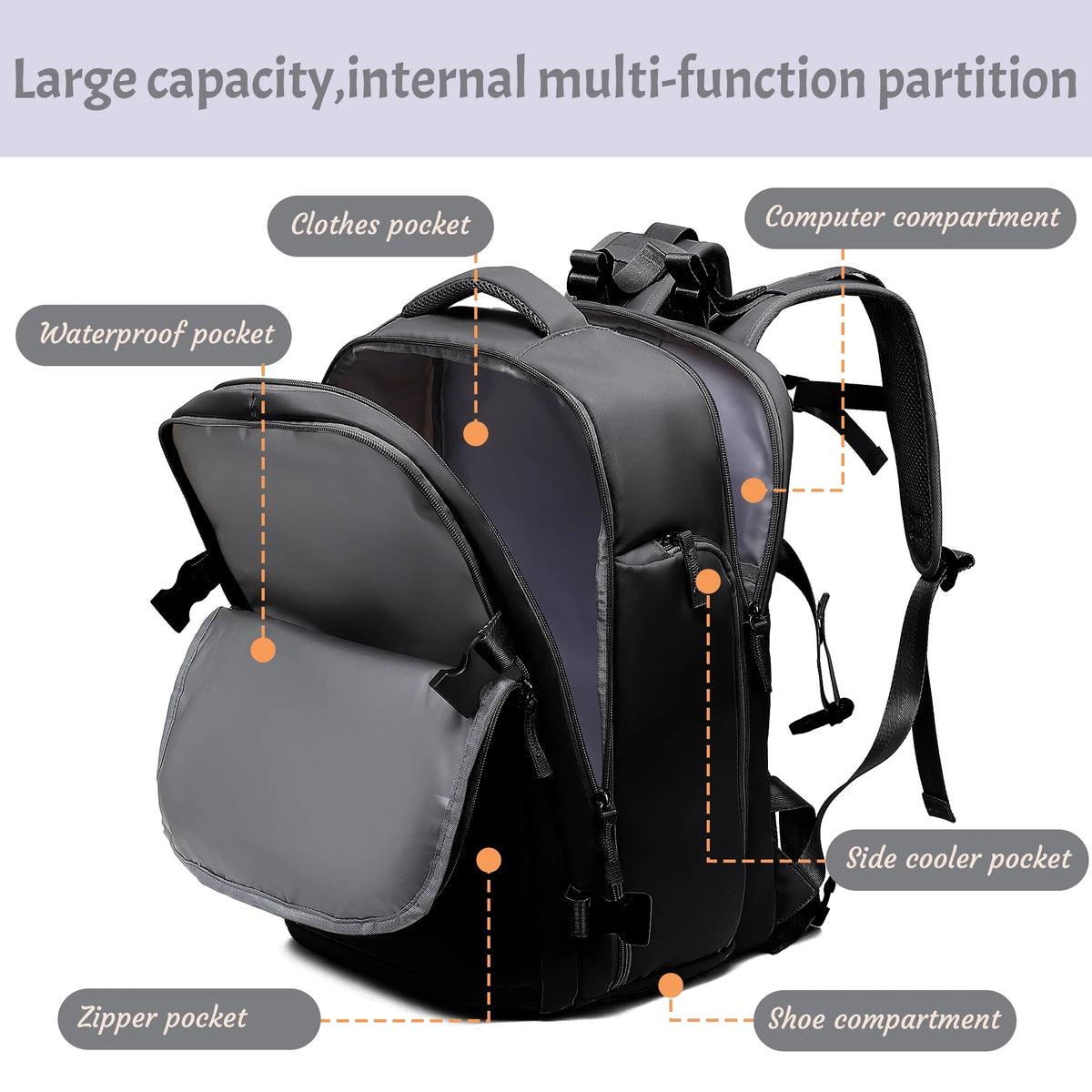 Black Waterproof Laptop Travel Backpack with USB Charging Port X643086