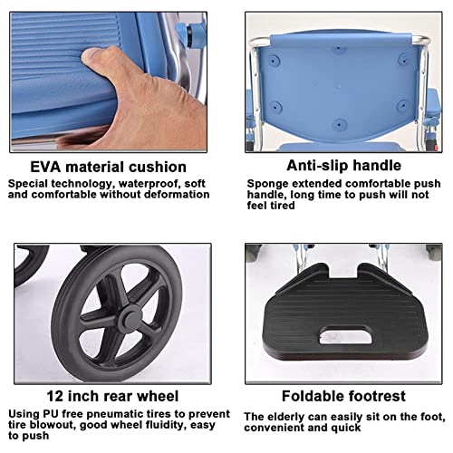Blue 3 in 1 Folding Shower Wheelchair Bedside Commode with Pail T693