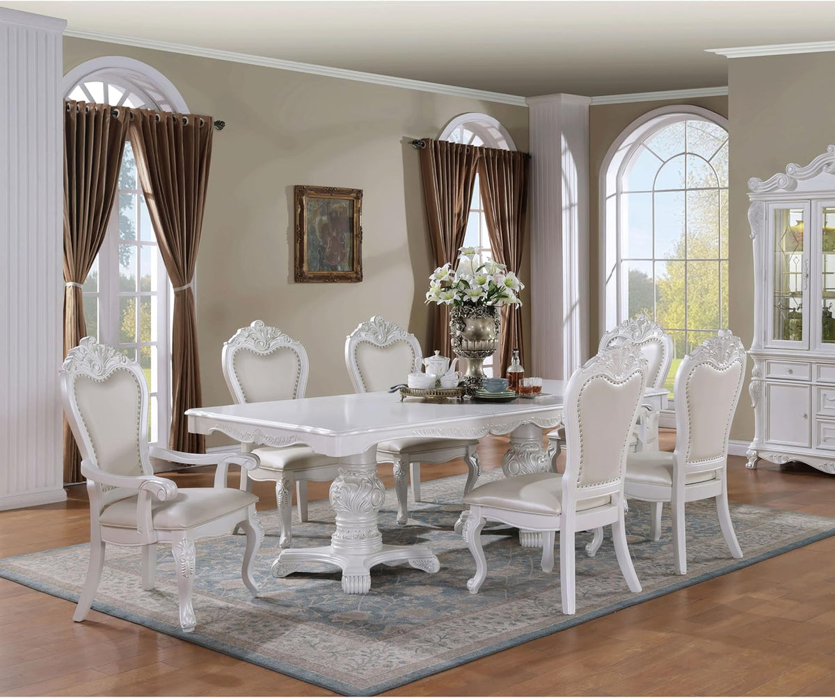 Solid Wood 7-Piece Dining Set with Expandable Table and 6 Leather Padded Side Chairs, White O461053