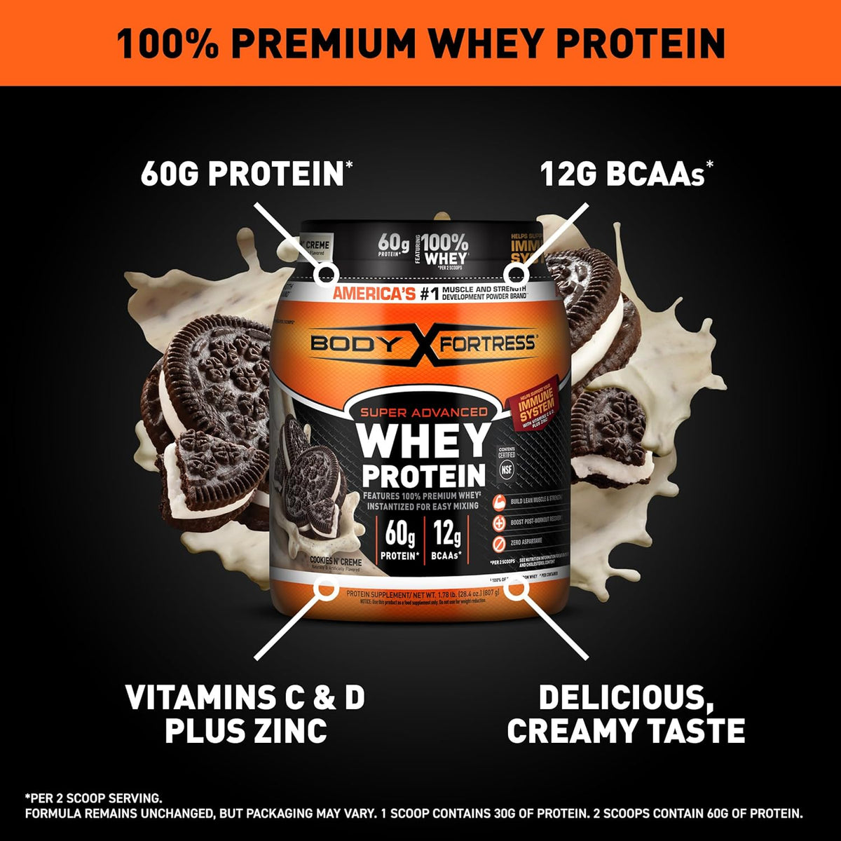 Whey Protein Powder Cookies N' Creme 2 Scoops Creatine Monohydrate Micronized Powder 5g Serv 100 Servings W600706