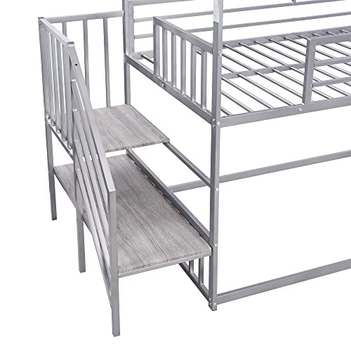 Twin Over Twin Metal Bunk Bed with Slide and Storage Staircase Y963