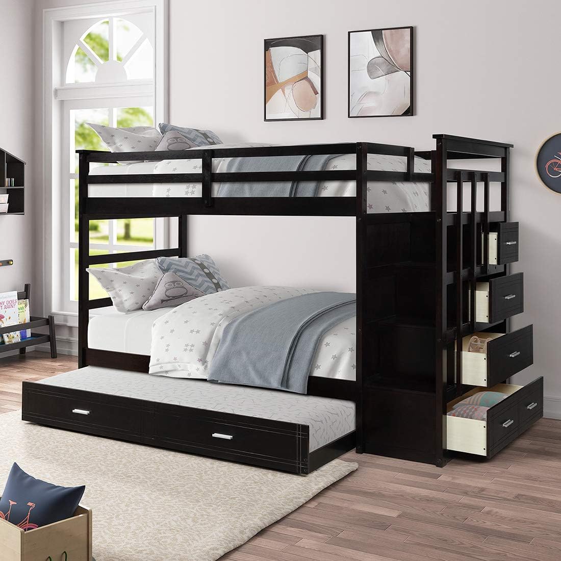 Twin Over Twin Bunk Bed with Trundle and Staircase O457346