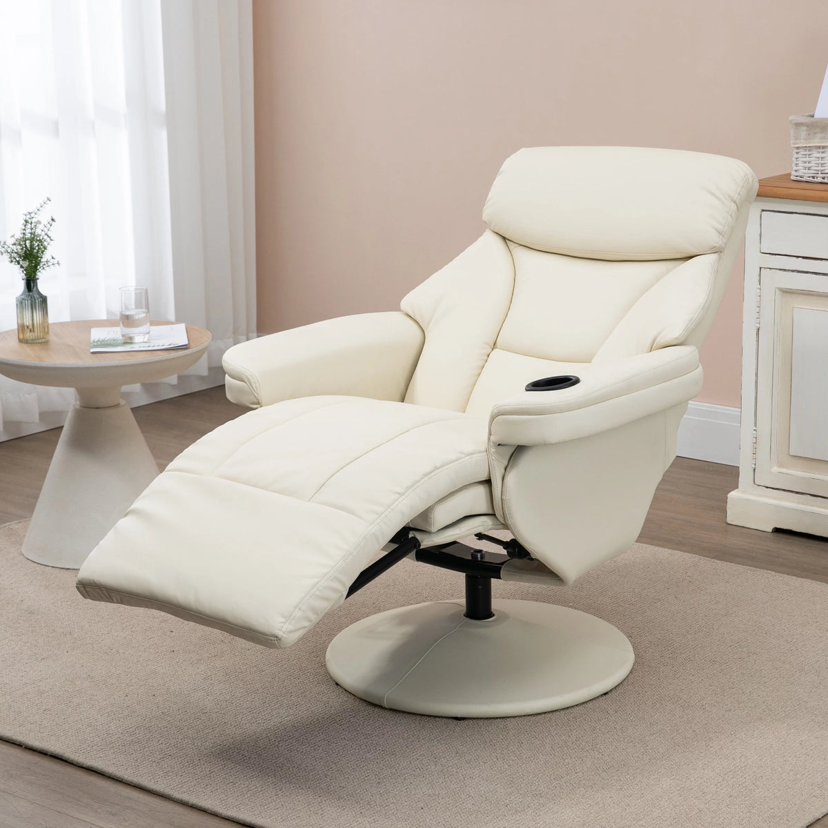 Cream White Manual Recliner Swivel Armchair with Cup Holder M4355