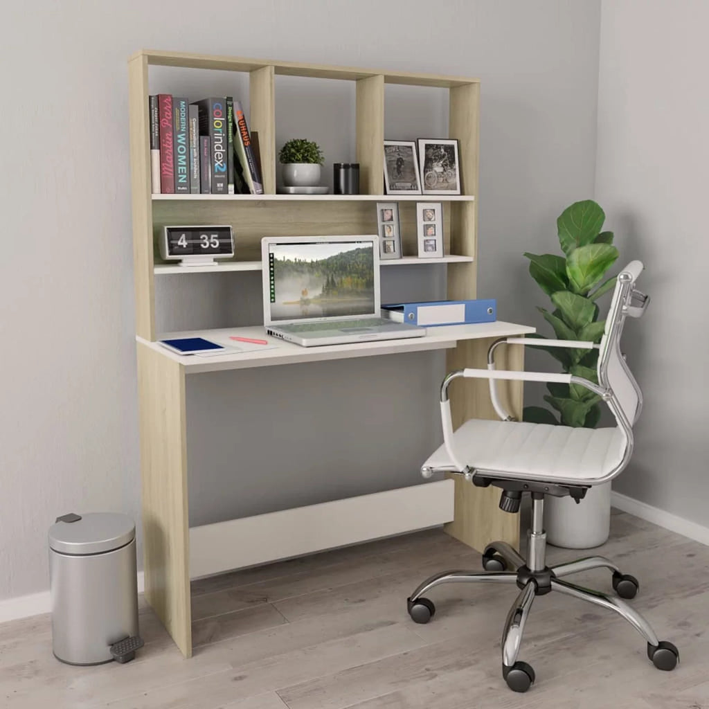 White and Sonoma Oak Engineered Wood Desk with Shelves K53573