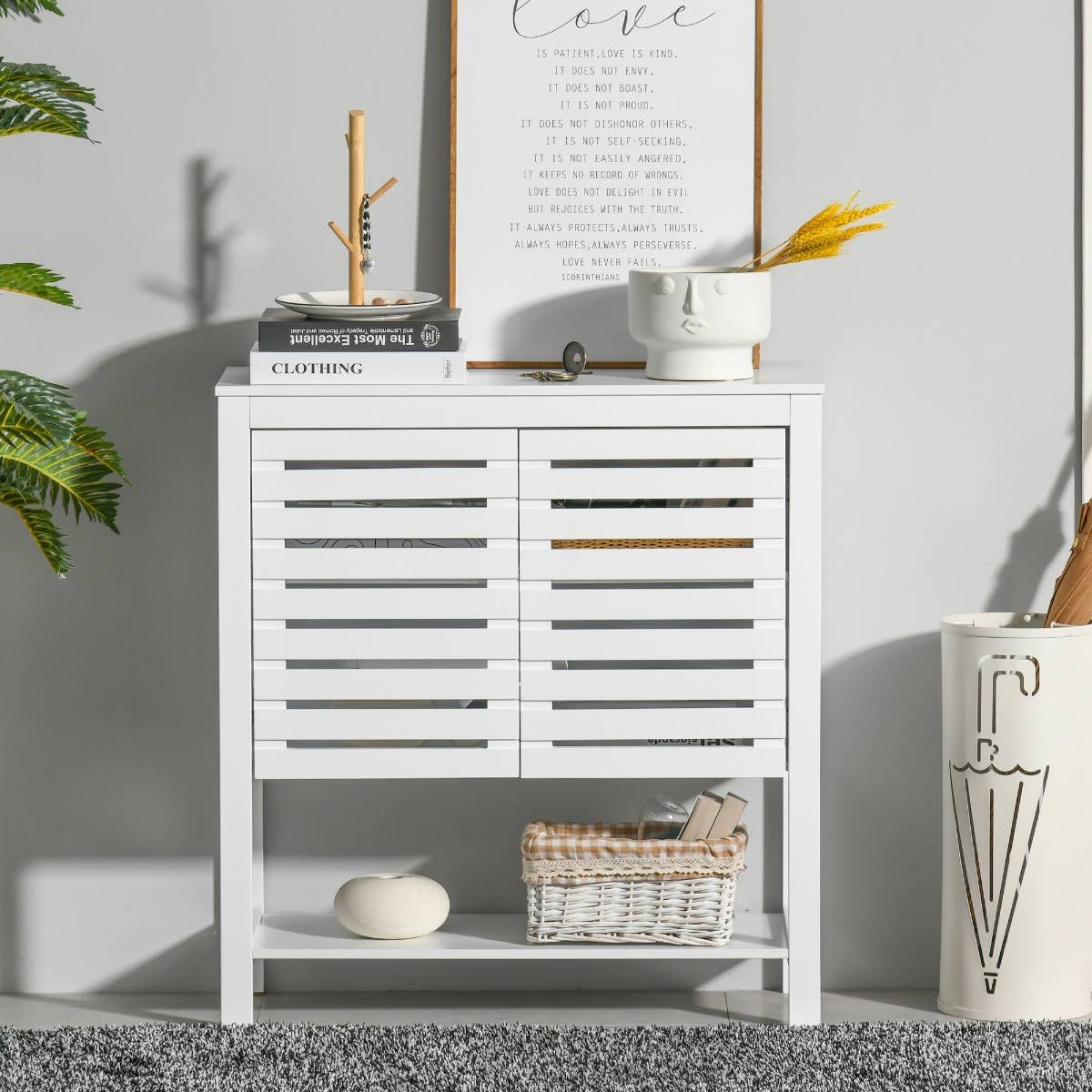 White Media Console Cabinet with Slat Double Doors and Adjustable Shelf J296317