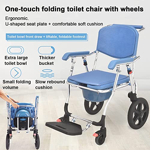Blue 3 in 1 Folding Shower Wheelchair Bedside Commode with Pail T693