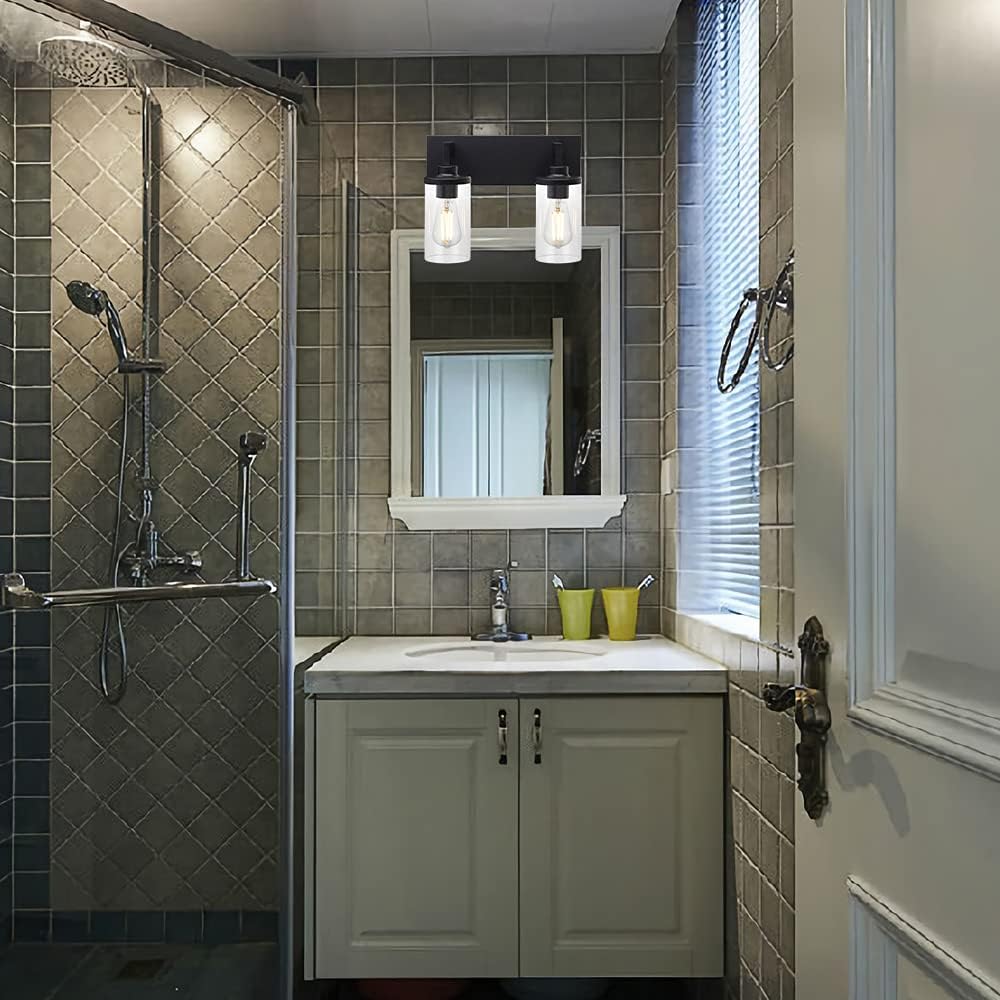 2 Light Matte Black Wall Sconces with Cylinder Glass Shade G60187