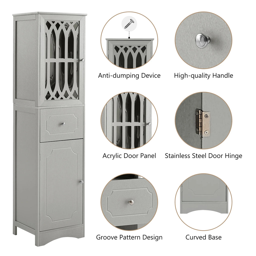 Tall Bathroom Storage Cabinet with Doors Drawers Wood Floor Freestanding Organizer I47954