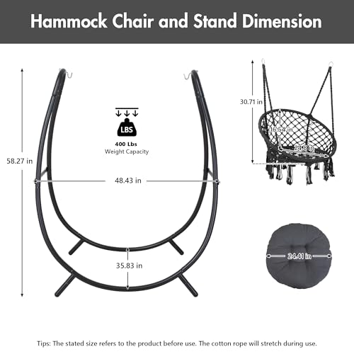 Macrame Hammock Chair with Stand, Heavy Duty Hanging Chair Stand, Includes Seat Cushion, Max 400 Lbs, Natural Y588754