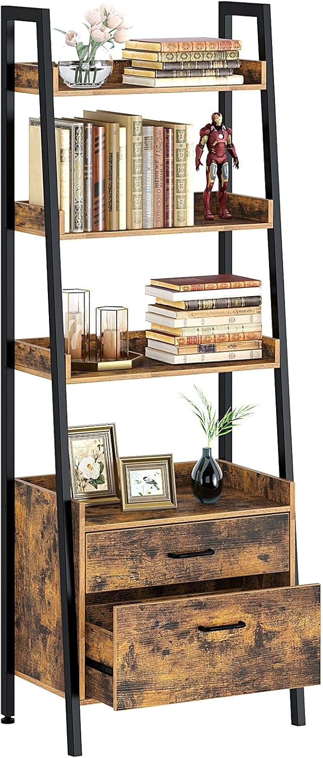 4 Tier Wood Ladder Shelf with 2 Drawers M2335